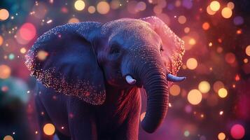 An artistic rendition of an elephant, bathed in colorful lights, showcasing its form and texture with a magical touch. photo