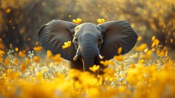 Elephant in a field of yellow flowers, its head adorned with matching blooms, creating a heartwarming, wildlife scene. photo