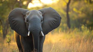 An elephant stands majestically in a field, illuminated by the golden light of the setting sun, capturing the essence of wildlife. photo