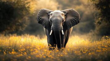 Majestic elephant strides through sun-drenched wildflowers, its presence powerful and serene in the heart of the golden meadow. photo