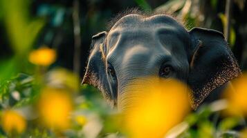 Elephant face peering out from behind a collection of wildflowers and foliage, creating a sense of wonder in nature. photo