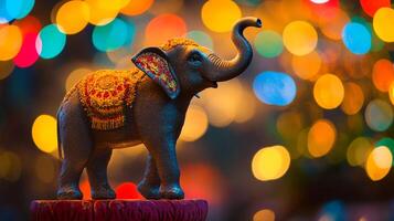 Captivating elephant statuette adorned with ornate saddle blanket, standing against a backdrop of colorful bokeh lights, whimsical decor. photo
