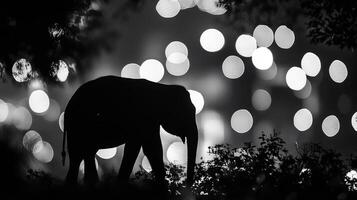 Silhouette of a majestic elephant walking at night, creating a captivating contrast against a backdrop of shimmering lights in the darkness. photo