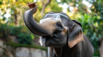 Elephant raising its trunk in a dense green environment, close-up shows textures and details of its skin with natural backdrop. photo