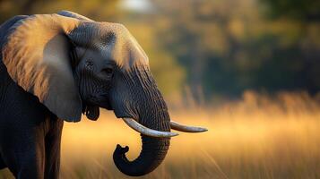 An elephant stands majestically in a sunlit field, displaying its powerful tusks and wrinkled skin in this striking wildlife portrait. photo
