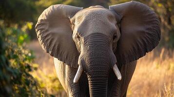 Majestic elephant portrait with large ears and tusks, basking in warm sunlight. Stunning wildlife photography focusing on the intricate details. photo