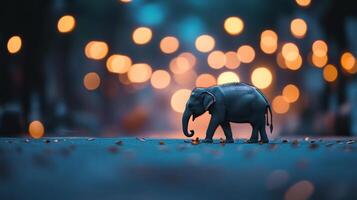 Elephant strolls through city lights, a gentle giant in an urban landscape, captivating scene. A reminder of nature's beauty in the city. photo