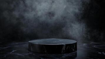 Sleek, dark marble platform in moody lighting, perfect for showcasing products or adding a touch of elegance. Add your product or text photo
