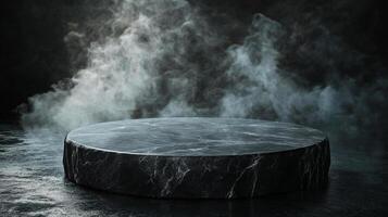 A round marble platform stands in a dark, moody setting with misty fog, perfect for showcasing a product or adding a dramatic touch. photo