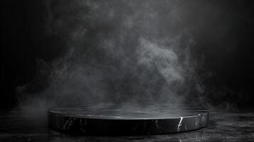 A striking black marble podium stands amidst rising smoke against a dark backdrop, offering a dramatic stage for product presentation. photo