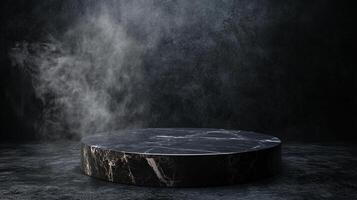 A circular marble platform, bathed in soft light, creates an elegant display. A stage for showcasing products with minimalist charm. photo