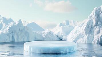 Icy display platform with glacial mountains and a light blue sky background, perfect for showcasing winter-themed products. photo