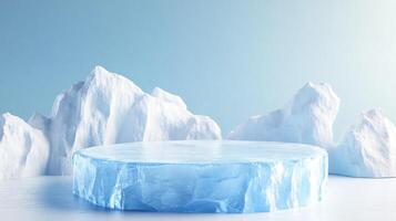 Frozen platform display featuring ice and snow against light blue background. An abstract scene for showcasing winter product presentation photo