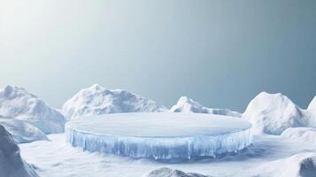 Icy display podium in arctic landscape with snowy mountains and glistening icicles for product showcase or winter themed background. photo
