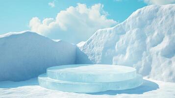 Ice podium surrounded by snowdrifts against a blue sky with clouds, ideal for showcasing winter products in a frosty environment. photo