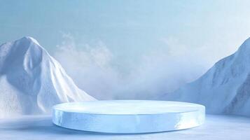 Icy display platform in a serene snowscape. A product placement stage on a frozen landscape with towering, snow-capped mountains backdrop. photo