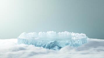 Icy platform resting on a fluffy white surface. A minimalist, cool backdrop for product display, presentation, or artistic expression. photo