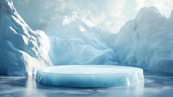 Frozen platform beneath snow-covered mountains, perfect for icy product display or showcasing winter themed items in a crisp, cool setting. photo