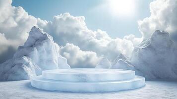 A platform for products set in an icy, mountainous landscape against a bright sky. A clear, wintery scene for displays or promotions. photo