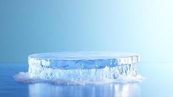 Round ice platform on blue surface. Frozen stage for product display. Chilled, minimalist aesthetic with serene, cool tones. photo