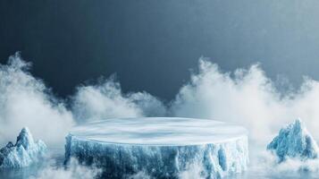 Icy platform amidst frosty clouds. A frozen stage for showcasing products with a cool, ethereal vibe against a blurred, shadowy backdrop. photo