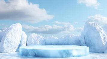 Icy platform surrounded by snow formations against a backdrop of a cloudy, light blue sky, creating a serene, glacial vista. photo