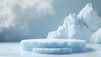 Icy display stage. Frozen platform for showcasing product. Winter wonderland. Snowscape scene with an iceberg backdrop for presentation. photo