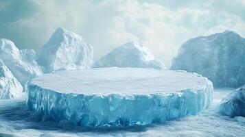 Icy stage for product display. Round podium made of ice and snow, with frozen background for a winter and arctic feel, pristine scene. photo