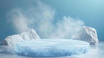 Icy stage with a frosty ambience, complete with cloud-like elements, rocks, and a glossy floor. A perfect, chilly presentation platform. photo