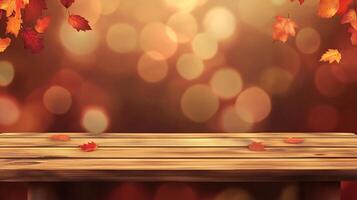 Autumn scene with falling leaves and a wooden table, against a background of blurred bokeh lights. Festive and cozy atmosphere. photo