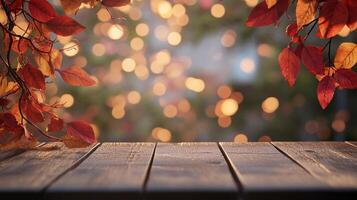 Autumn leaves frame a wooden table, soft bokeh lights twinkle in the background. Perfect for a cozy autumn scene or seasonal display. photo