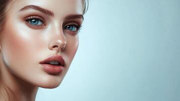 Close-up portrait of a beautiful woman with striking blue eyes and flawless skin against a soft blue backdrop. Her expression is serene and alluring. photo