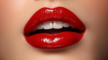 Close-up of a woman's face with vibrant, glossy red lips slightly parted revealing her teeth. The skin appears flawless and smooth. photo