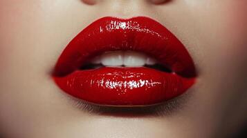 A close-up shot of vibrant red lips with a glossy finish, highlighting the texture and color. Dramatic and sensual representation. photo