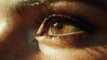 Extreme closeup of an eye with rich, multi-toned hazel iris with dark lashes and brow. Skin textures are visible. Sunlight illuminates the eye. photo