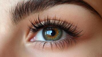 A close-up shot displays a captivating eye, with its long, elegant eyelashes, a defining eyebrow, and beautiful color details. photo