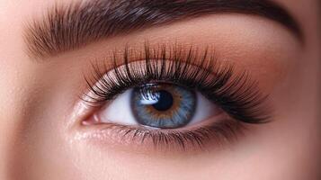 Close-up showcasing a blue eye with long, dark eyelashes and a well-groomed eyebrow, highlighting the beauty of eye makeup and features. photo