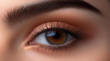 Close-up studio shot of a brown eye with detailed makeup, showcasing warm neutral tones and defined lashes. Soft skin texture is visible. photo