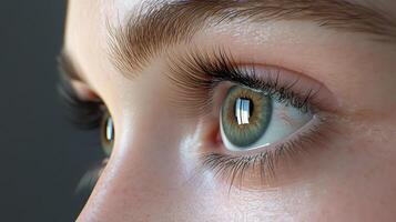 Detailed close-up of a captivating eye with long lashes, capturing a sense of depth, realism, and human beauty in the artistry of light and shadow. photo
