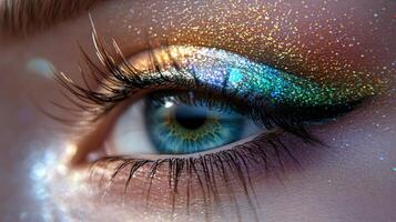 A mesmerizing eye with glittering makeup. The colorful eyeshadow sparkles, complementing the captivating blue and green iris. photo