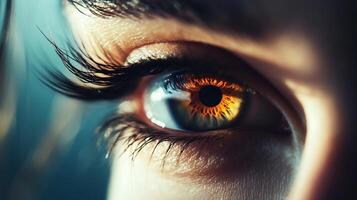 A detailed close-up capturing a hazel eye with long lashes, emphasizing the unique color blend and distinct eye textures. Focus on the iris. photo