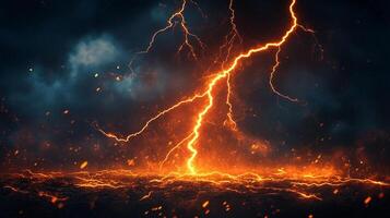 Dramatic display of lightning electrifying the sky above tumultuous waters during a powerful storm. Ominous clouds add to the scene's intensity. photo