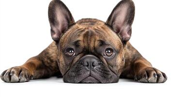A brindle coated dog with large ears resting on a white background. The dog looks directly at the camera with a calm expression. photo