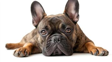 A brindle French bulldog lies with paws outstretched, gazing directly at the viewer with soft brown eyes, set against a plain white backdrop. photo