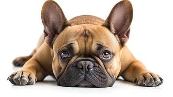 A tan-colored dog with large ears and soulful eyes lies on a white surface, looking directly at the viewer with a gentle expression. photo