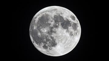 Detailed view of a full moon, showcasing its cratered surface and bright glow against the dark night sky. Celestial body in space. photo