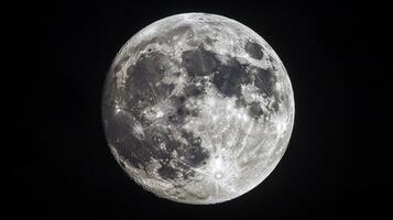 Detailed moon surface on a dark background shows craters, textures, shadows, and its ethereal glow. Lunar wonder against the night sky. photo