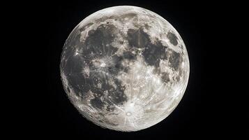 Detailed view of the full moon, showcasing its cratered surface and lunar landscape against a dark, starless sky. Celestial. photo