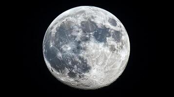 Detailed view of the full moon against a stark black sky, showcasing its craters and lunar surface features. Lunar Astronomy at its finest. photo