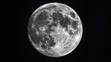 Full moon displaying its surface features, a celestial body in the night sky, with detailed craters and lunar landscapes visible. photo